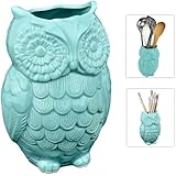 MyGift&reg; Aqua Blue Owl Design Ceramic Cooking Utensil Holder / Multipurpose Kitchen Storage Crock