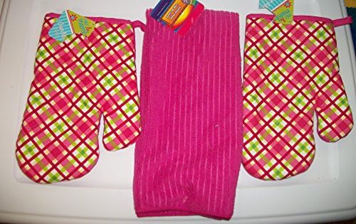 Pretty Pink Microfiber Dish Towel and 2 Multi-Stripe Oven Mitts
