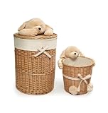Badger Basket Company Hamper and Wastebasket Set with Smile Plush Animal in Natural