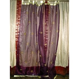 2 Eggplant Purple Organza Embroidered Drape Panels S.B. from Panels