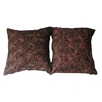 (Dauble) 2 Beautiful Flower Brown Throw Cushion Cover/pillow Case Handmade By Satin and Thai Silk for Decorative Sofa, Car and Living Room Size 16 X 16 Inches