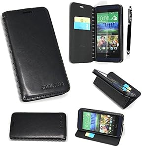 HTC Desire 320 Cutting Edge Premium Black Book Flip PU Leather Magnetic Wallet Case Cover + Stylus