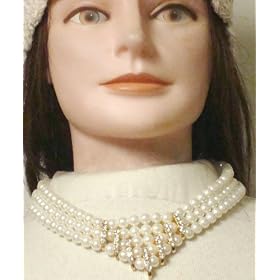 Three Strand Ivory Pearl with Gold and Crystals Necklace and Earrings for Women and Teens