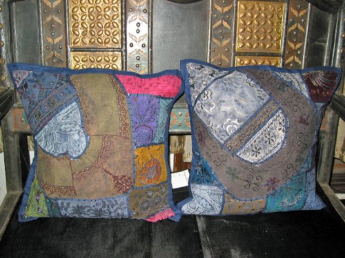 2 Decorative Gujrati Embroidered Sari Toss Pillow Cushion Covers