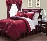 24 Pieces Burgundy Embroidery Lily Floral Comforter, Sheet, Window Set Bed-in-a-bag Queen Size Bedding Ensemble