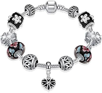Aliliya Jewelry Signature Pave Clasp Authentic DIY Pandora Exquisite High-End Crystal Bracelet - Wild Love Retro Personality Carved (silver black, 20CM)