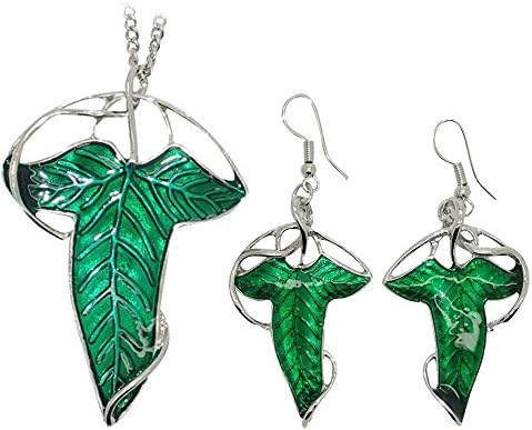 Lord of the Rings Aragorn Elven Green Leaf Brooch Pin Pendant Necklace + Elf Earrings, Jewelry Set