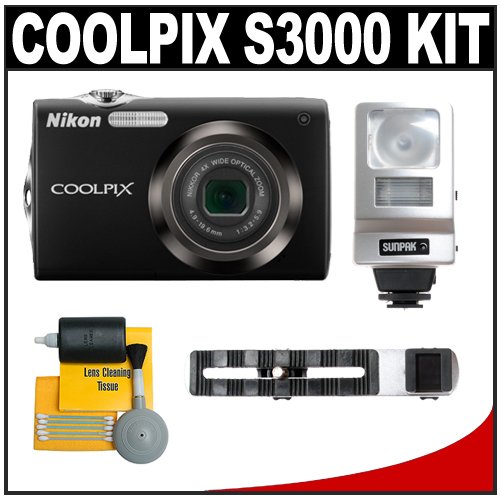 Nikon Coolpix S3000 12.0 Megapixel Digital Camera with 4x Optical Zoom (Black) with + Flash + Cleaning Kit