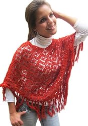 Handmade Lightweight Cotton Poncho - Deep Orange-brick (Medium Size/Crocheted...