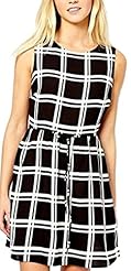 Belted Round Neck Summer Sleeveless Above the Knee Checkered Print Bodycon Dress 