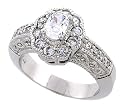 Sterling Silver Vintage Style Flower Engagement Ring w/ Rhodium Plating, w/ 6x4mm Oval Cut CZ Stone, 7/16" (11mm) wide