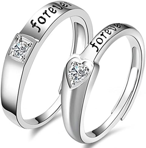 LS JEWELRY 925 Sterling Silver Cubic Zirconia Engraved Forever Love Couples Promise Ring Adjustable Pair
