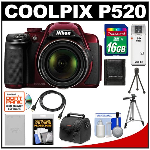 Nikon Coolpix P520 GPS Digital Camera Red with 16GB Card Battery Case