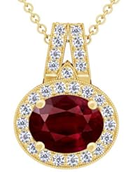 18K Yellow Gold Oval Cut Ruby And Round Diamond Pendant