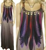 Ladies Fabulous beige Long Maxi Full Length Dress with metal studs and feather motif in womens size 14 – 16