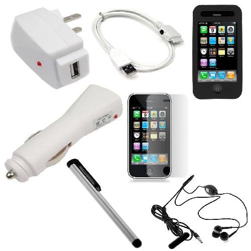 51oyikFtYAL USB Data Cable + USB Car Charger + USB Home Travel Charger + Black Silicone Skin Cover Case + Black Stereo 3.5mm Headset Handsfree with Microphone + Clear Reusable LCD Screen Protector + Touch Screen Stylus Pen for Apple Iphone 8GB 16GB 2nd Generation Smartphone