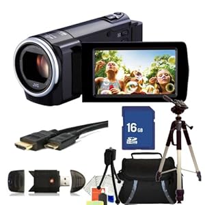 JVC GZ-E10 Full HD Everio Camcorder (Black) Kit. Includes: 16GB Memory Card, High Speed Memory Card Reader, Mini HDMI Cable, Tripod, Carrying Case & Strater Kit