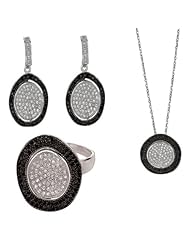 BRI Jewelry Sterling Silver Flat Round Shape With Black And Clear Cubic Zirconia Set - Pendant - Earring - Ring Size 8