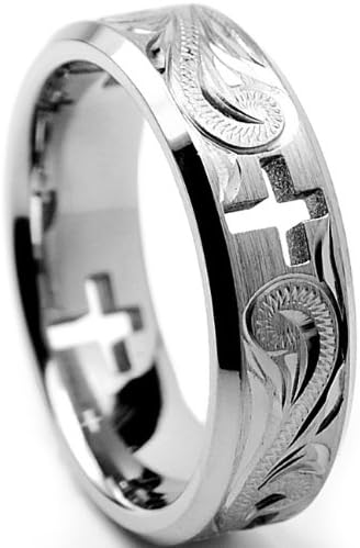 7MM Titanium Ring Wedding Band With Cross Cut Out and Engraved Floral Design Sizes 6 to 13