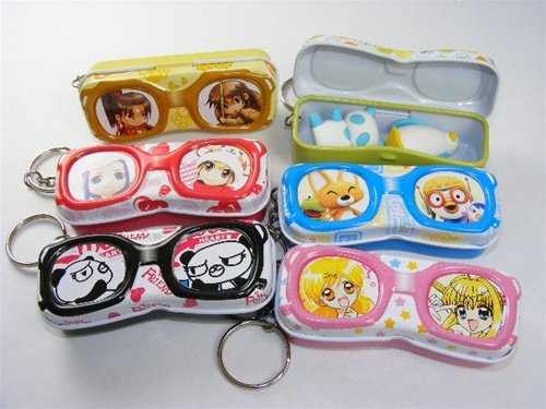 Glasses Shaped Tin Box With 2 Random IWAKO Japanese Erasers , Assorted Colors.