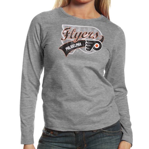 Philadelphia Flyers Ladies Distressed Logo Long Sleeve T-shirt- Ash (Small)