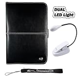 Slim High Quality Durable Synthetic Leather Case Customer Made For Barnes & Noble Nook eBook Reader + Includes a 4-Inch eBigvalue Determination Hand Strap + Clip on eBook Reader Dual Super LED Light with Flexible Goose neck (White)
