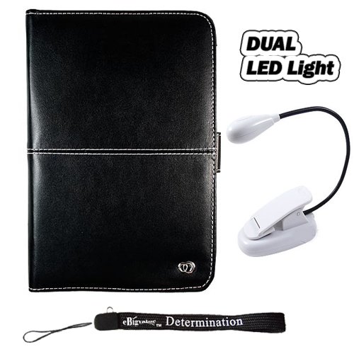 Slim High Quality Durable Synthetic Leather Case Custom Made For Barnes & Noble Nook eBook Reader + Includes a 4-Inch eBigvalue Determination Hand Strap + Clip on eBook Reader Dual Super LED Light with Flexible Goose neck (White)
