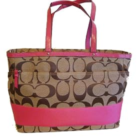 Coach Khaki Pink Signature Stripe Diaper Computer Tote Handbag 13803