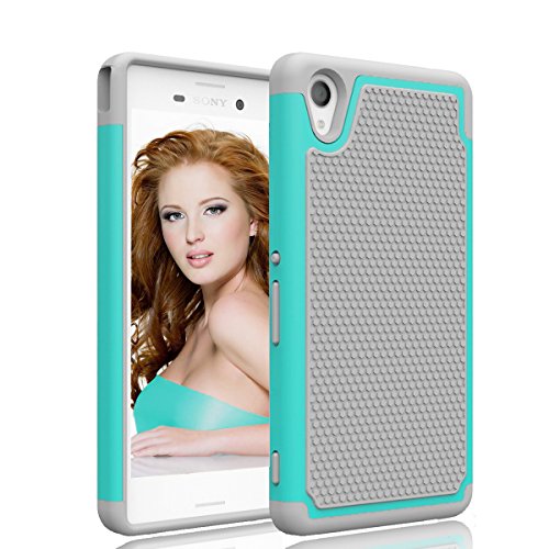 Sony Xperia M4 Case, GOOQ Solid Shockproof Silicone + Hard Case Cover Stylish Design Dual layer Protection Defender Anti-scratch Anti-slip Hard Slim Case Cover for Sony Xperia M4(Gray/Turquoise)