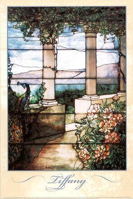 Professionally Framed Louis Comfort Tiffany Stained Glass Window Landscape with Peacock and Peonies Art Print Poster - 24x36 with RichAndFramous Black Wood Frame