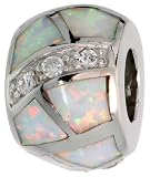 Sterling Silver, White Lab Opal Inlay Pandora Type Barrel Pendant w/ CZ stones, 3/8 (9mm)