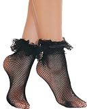 Ankle Fishnet Socks Ruffle Lace Trim Black White or Red