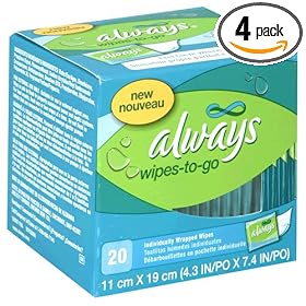 Always Feminine Wipe Clean Wipes-to-Go, 20-Count Packages (Pack of 4)