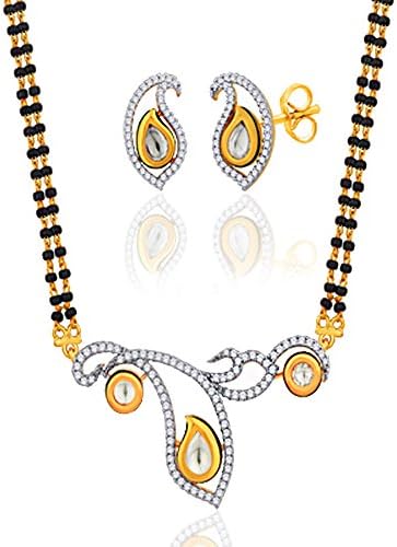 Viyari Kundan Sara Goldtone Love Holy Thread Indian Mangalsutra 16 Inch + 1/2 Inch Extender Necklace Earrings Jewelry Set