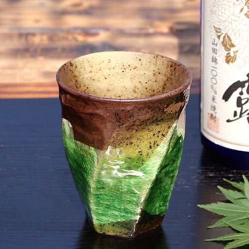 九谷焼 陶器の荒削り焼酎グラス 銀彩（グリーン）