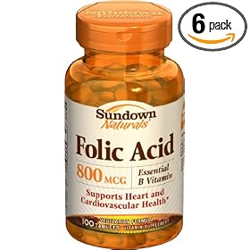 Sundown Folic Acid, 800 mcg, 100 Tablets (Pack of 6)