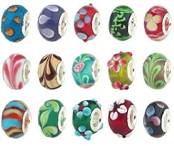 50pc Lot Silver Lampwork Murano Glass European Mix Beads - Compatible with Pandora, Chamilia, Troll, Biagi