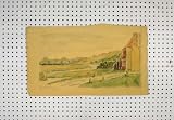 1951 PAINTING COLOUR COUNTRY SCENE HOUSE TREES RIVER