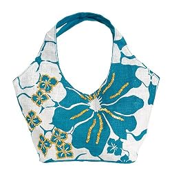Olive N Figs Turquoise Blue Hawaiin Floral Sequined Jute Handbag/Tote