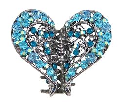 Hair Clip - H113 - Filigree Heart set with Swarovski (tm) Crystal Stones ~ Aqua & Blue Zircon (Greenish Blue)