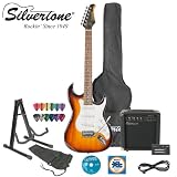 Silvertone Revolver SS11 Tobacco Sunburst Electric Guitar w/ Stand, Strap, Tuner, Strings, 20W Amp, 10 Cable, Picks & Guitar Bag