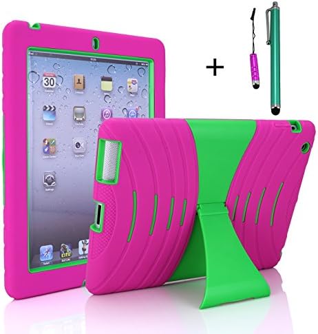 Cellular360,LLC Shocks and Drops Proof Rugged Stand Case with Big Kickstand for Landscape Viewing & Free Stylus for Apple iPad 2 iPad 3 iPad 4 -Silicone Outer Layer with Anti-slip Grip Design +Snap-fit Hard PC Cover Inner layer with a Slide-out Kickstand (Very protective and no worries to drop your iPad by accident) (Big Kickstand Case - Hot Pink and Green)