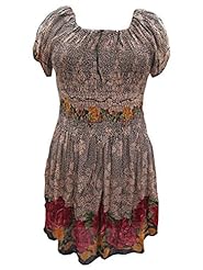Floral Print Vintage Short Sleeves Rayon Peasant Dress/Mini Dress 