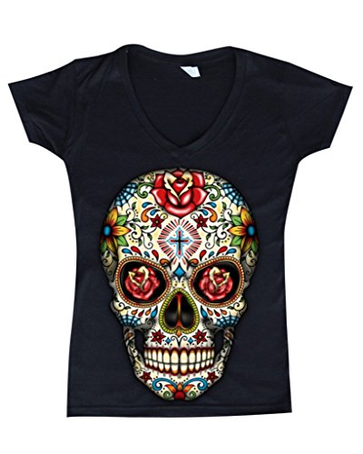 Sugar Skull Roses Women V-Neck Day of Dead Shirts #16553