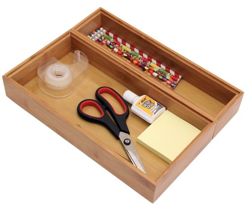 Set of 2 Bamboo Drawer Organizers - Modular Drawer Storage - Perfect for Kitchen Storage, Bathroom Storage or Office Storage. Bring order to cluttered drawers with this set of three wooden storage trays. Made with ecologically friendly bamboo.