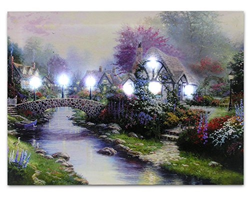 Canvas Art - Wall Art with LED Lights Canvas Print - Village Cottages Along a Stream - Old Fashioned Cobblestone Bridge - 12x16 Inch