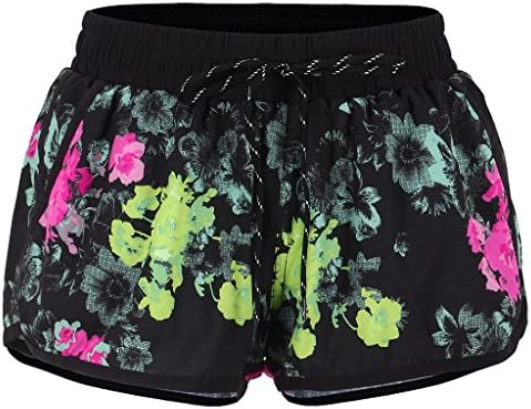 SAIPAI Women's Drawstring Pockets Printed Yoga Leggings Exercise Workout Shorts US M Black
