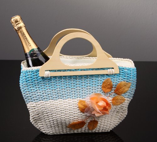 Trendy Strandtasche mit Bl&uuml;te, aus festem Bast in t&uuml;rkis