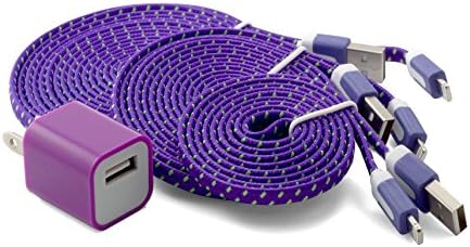 3 Pack 3ft 6ft 10ft Braided Flat Noodle Lightning USB Data Sync Cable Charging Cord for Iphone 5 / 5c / 5s,iphone 6 / 6 Plus, Ipad Mini Ipod Touch 5th Air Gen Plus One Universal USB Wall Charger (Purple)