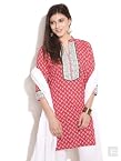 Ethnic Kurti With Contrast Yoke-Red-M